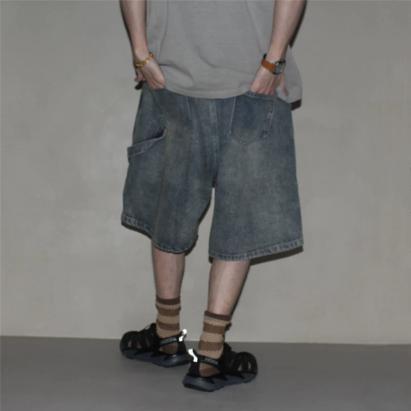GcBrand SS25 retro basic style washed and worn large pocket gradient drawstring denim shorts for men