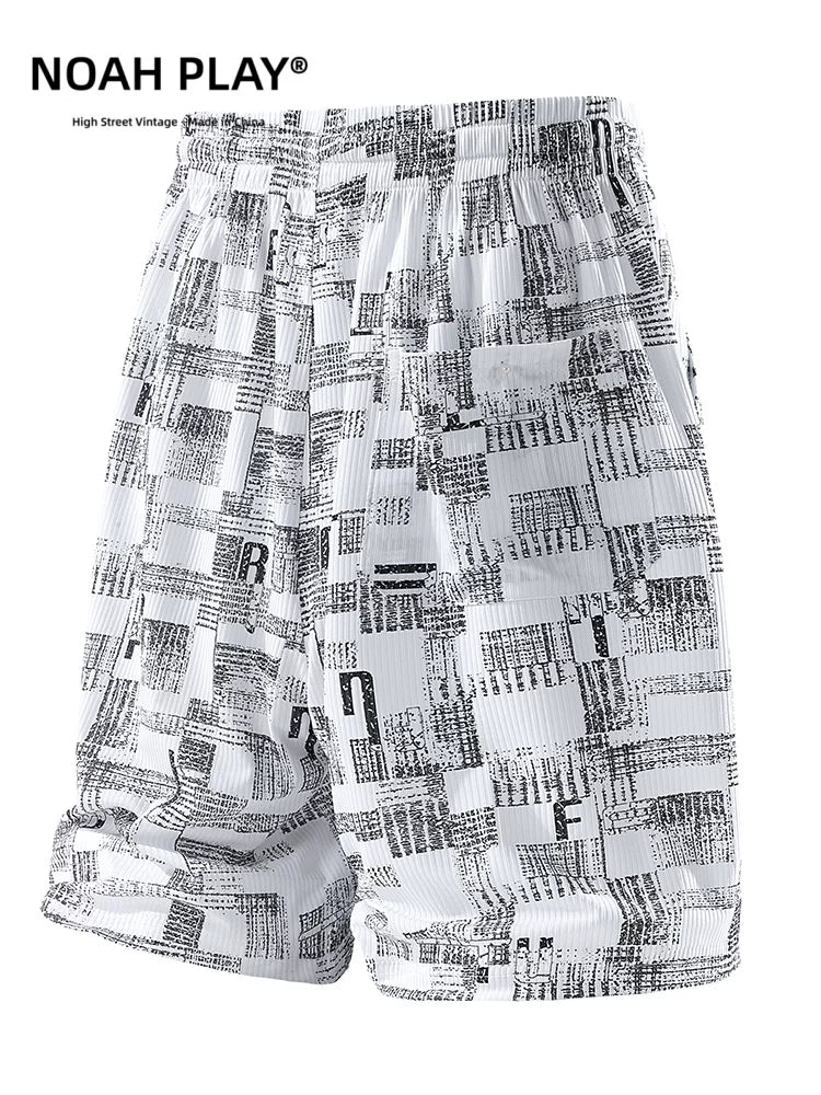 NOAH PLAY Summer Folded Texture Letter Full Print Shorts Men's Ice Silk Loose Wide Leg Casual Pants Trendy