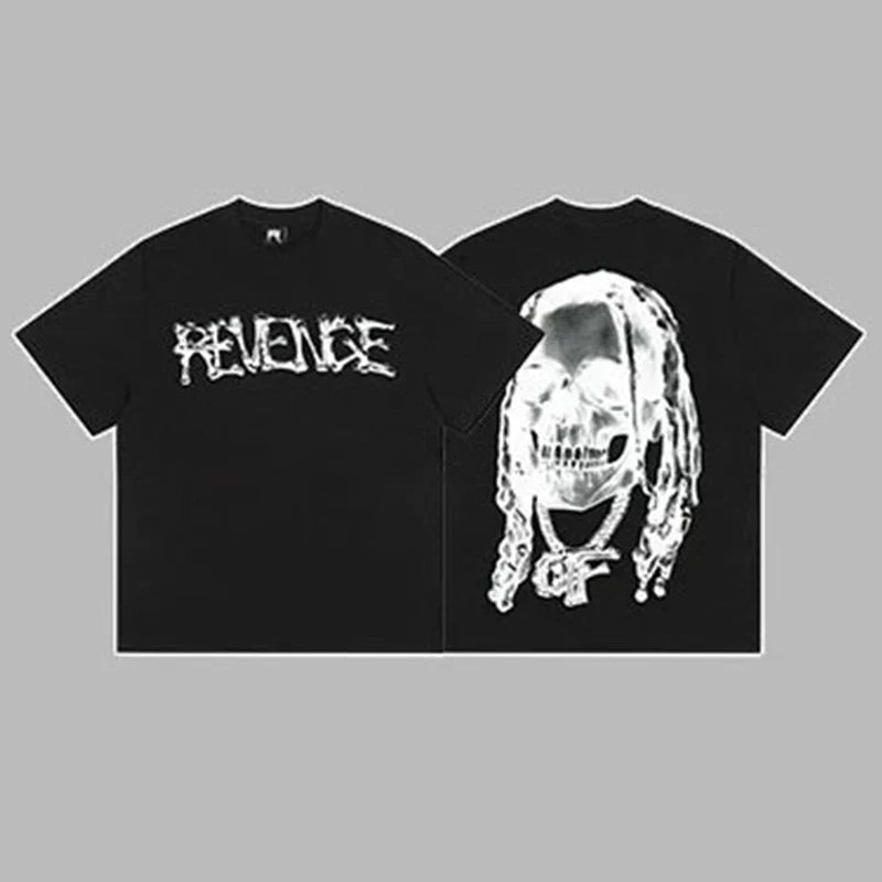 Revenge White Arch Logo & Dreadlocks Skull Graphic Short Sleeve T-Shirt Black
