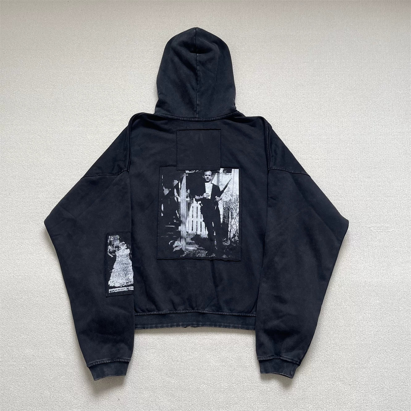 ERD Inspired Art Patchwork Washed Black Zip Hoodie
