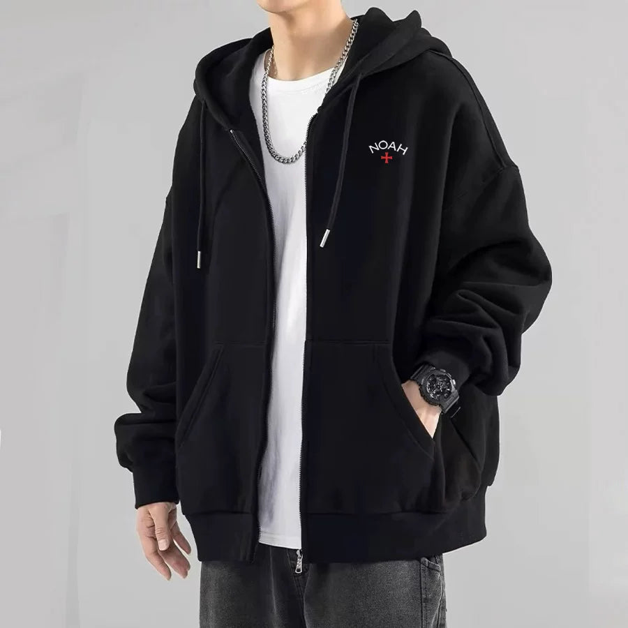 NOAH潮牌灰色印花小标十字架连帽加绒秋冬情侣开衫拉链外套男女