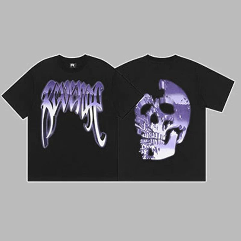 Revenge Purple & Silver Gradient Arch Logo & Broken Skull Graphic Short Sleeve T-Shirt Black