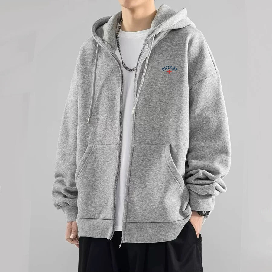 NOAH潮牌灰色印花小标十字架连帽加绒秋冬情侣开衫拉链外套男女