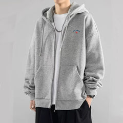 NOAH潮牌灰色印花小标十字架连帽加绒秋冬情侣开衫拉链外套男女