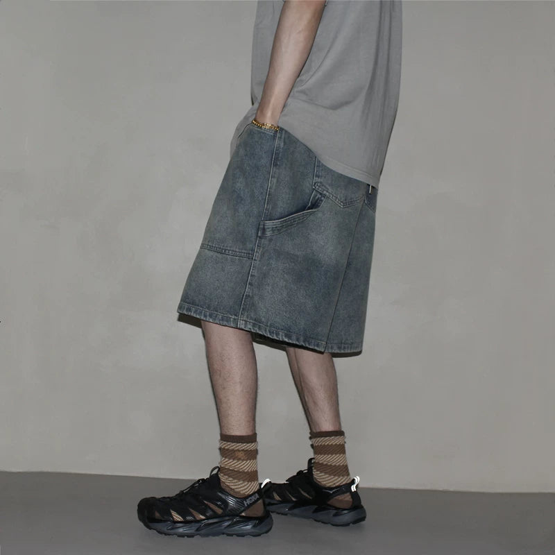 GcBrand SS25 retro basic style washed and worn large pocket gradient drawstring denim shorts for men