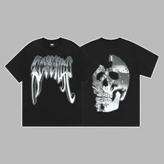 Revenge Silver Metallic Arch Logo & Skull Graphic Short Sleeve T-Shirt (Black)