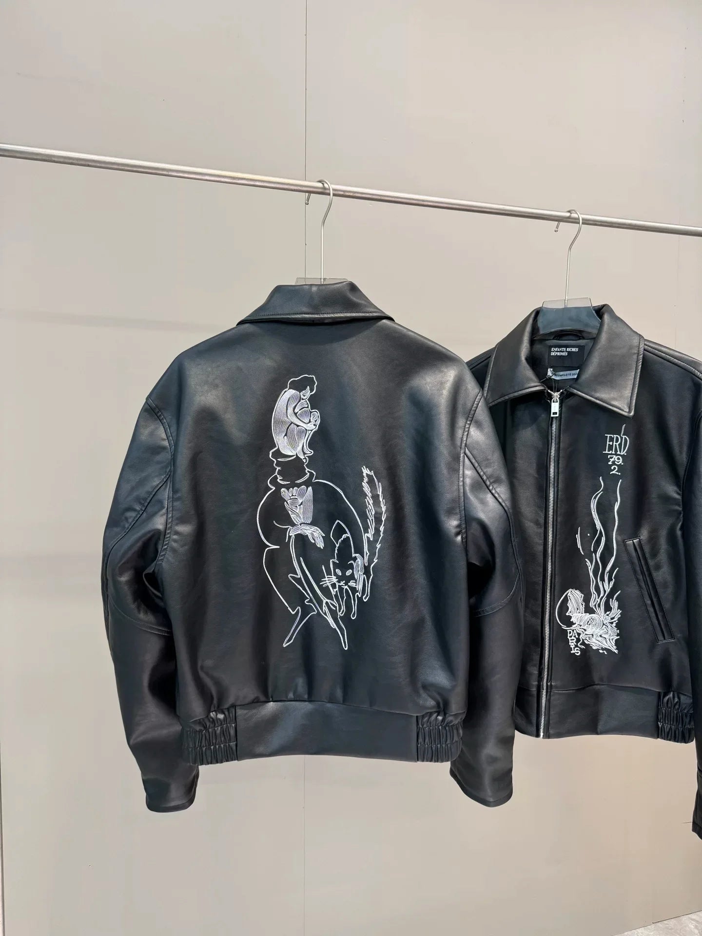 ERD Vintage Black Embroidered PU Leather Jacket