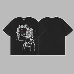 Revenge Outline Cartoon Portrait Graphic Short Sleeve T-Shirt Black